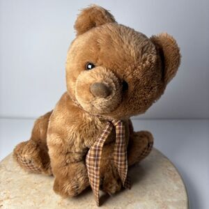 Vintage 1984 Dakin Sitting Brown Teddy Bear Plush Animal Plaid Bow Feet 10" Tall